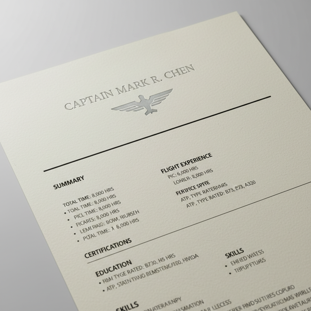 Professional pilot resume printed on quality paper with embossed header and structured layout