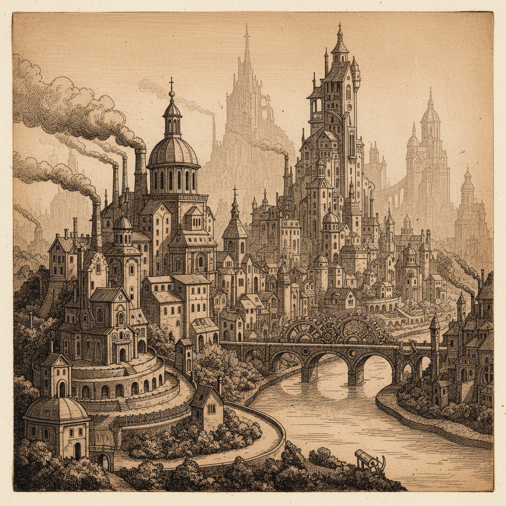 Copper etching with aquatint, architectural cityscape in warm black ink