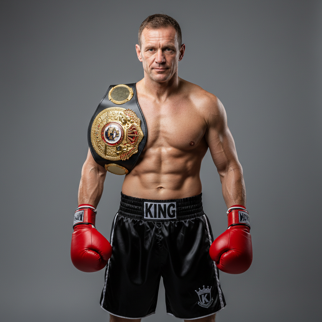 Experienced boxer with championship belt pose in professional setting