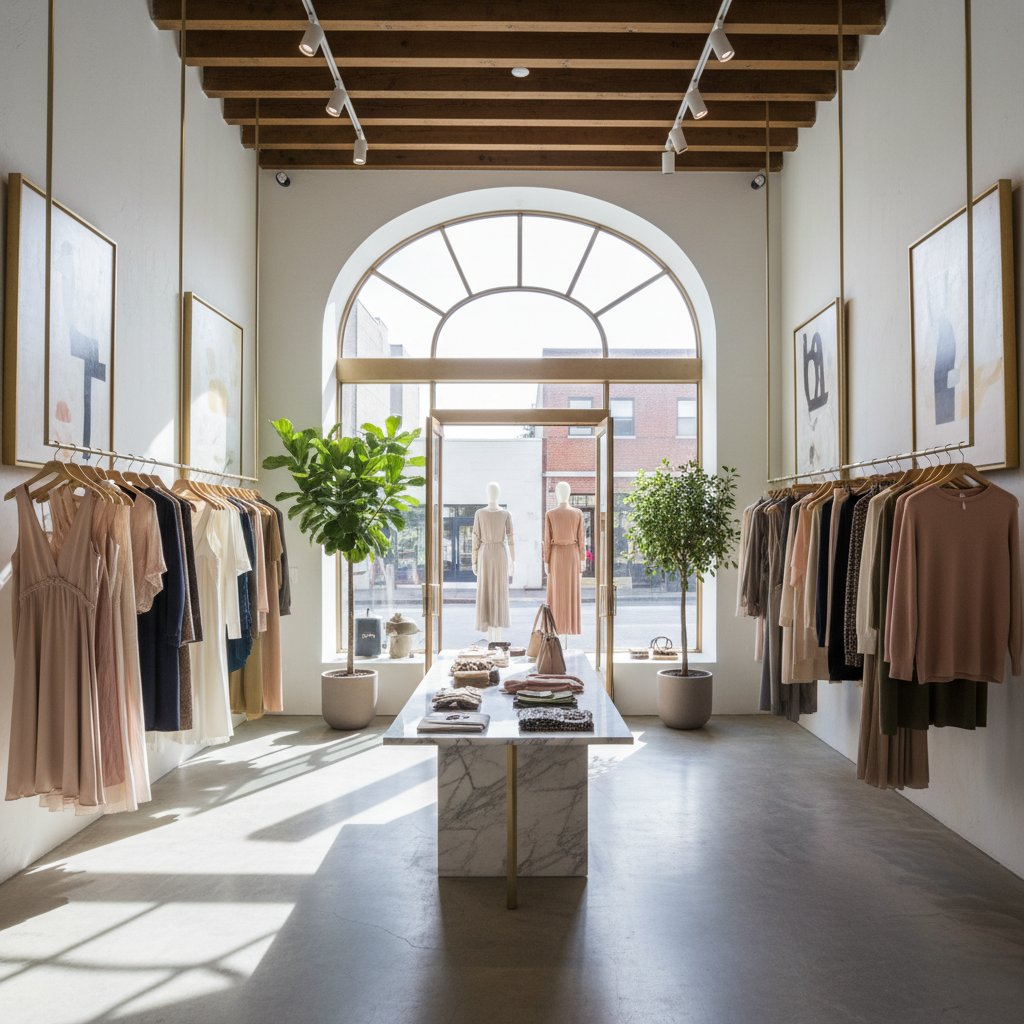 Interior elegante de boutique de moda com araras de roupas iluminadas, ambiente sofisticado e acolhedor de loja fashion