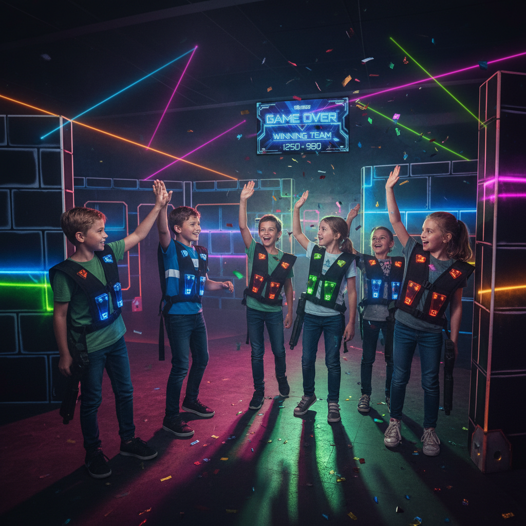 Group of kids in laser tag vests high-fiving after a match in dark arena with colored lights
