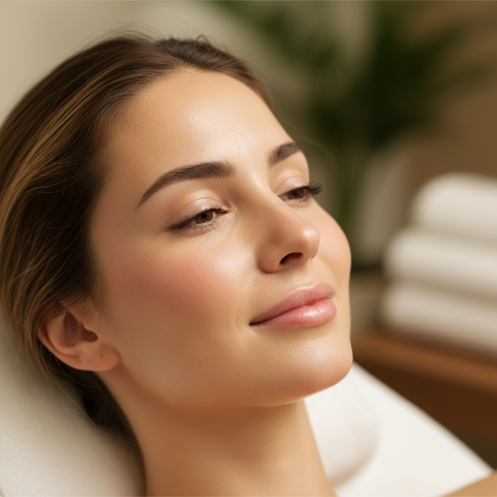 Woman with sophisticated makeup for special occasion, natural skin finish, elegant setting
