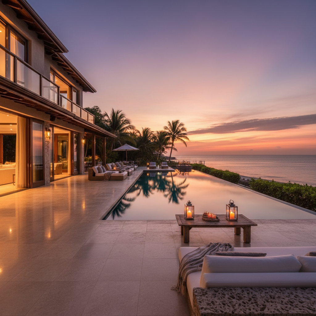 Beachfront vacation villa pool deck at twilight with warm interior lights glowing against an orange and purple sky over the ocean