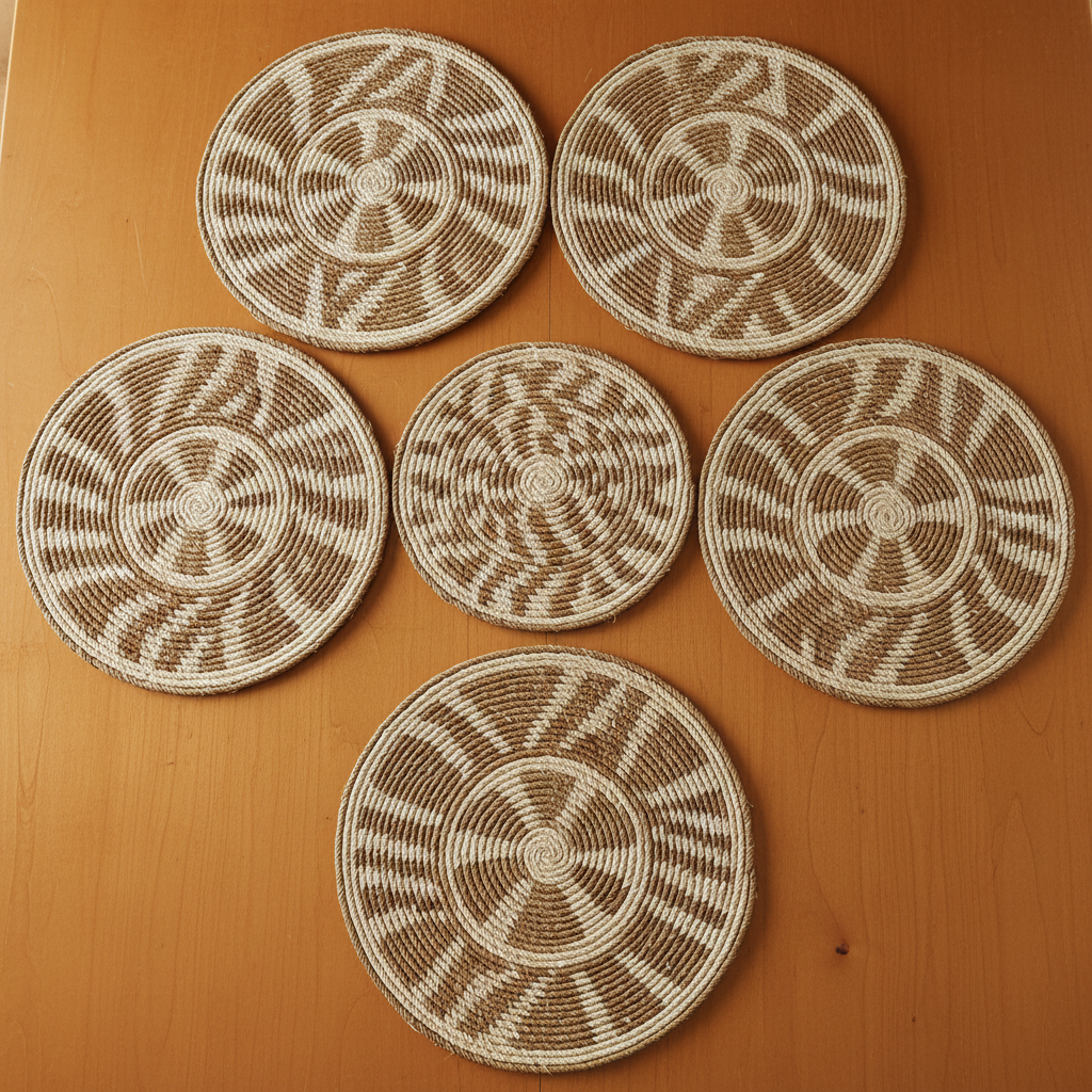 Set of four round woven grass table mats in natural earth tones