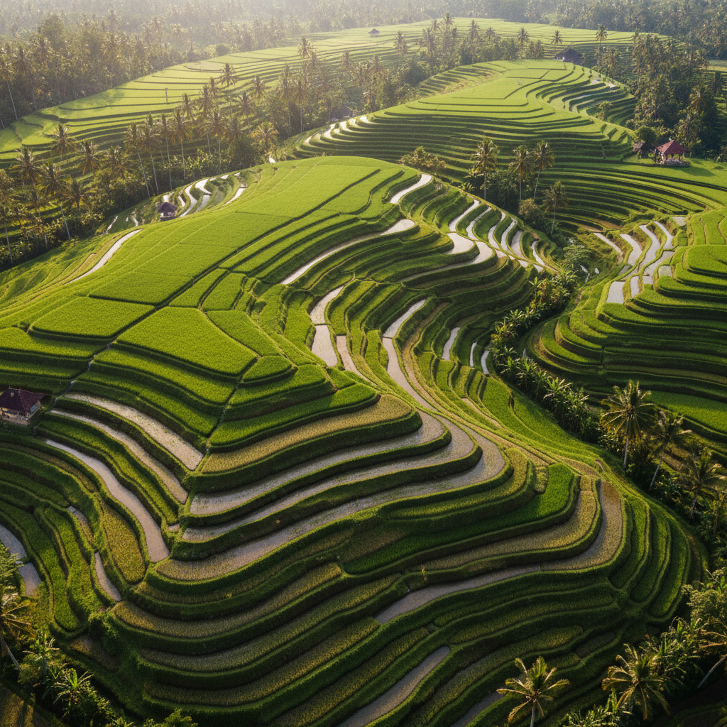 Bali rice terraces with lush green stepped fields and tropical palm trees