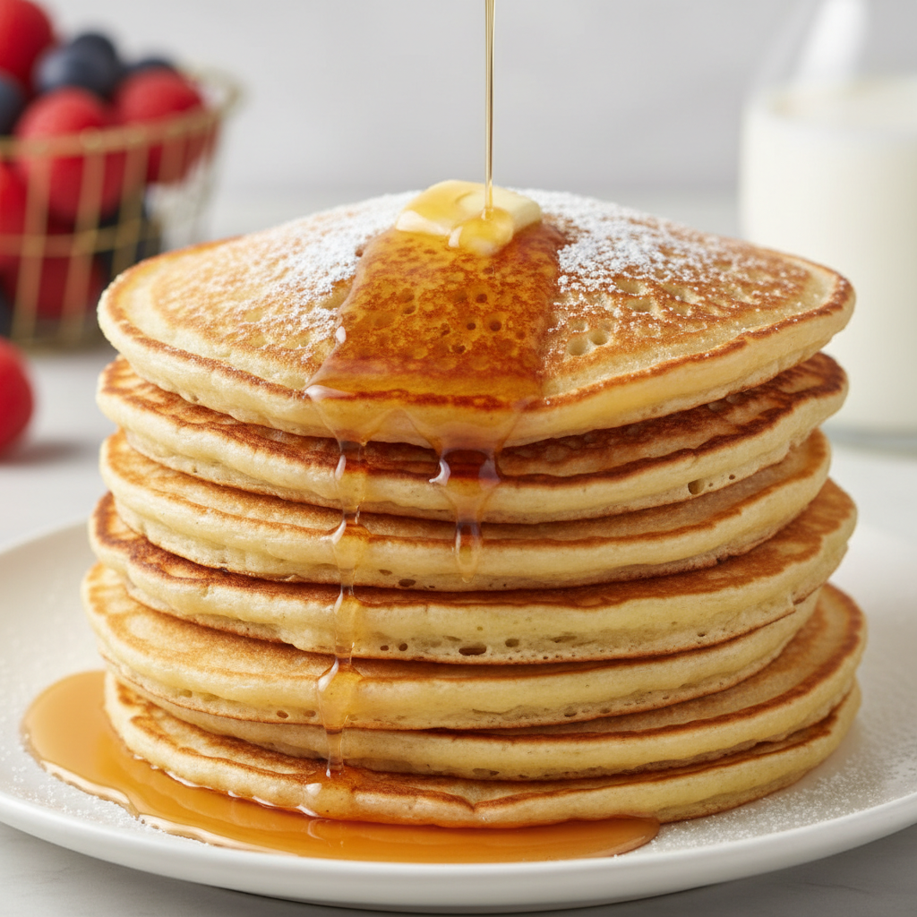 Golden stack of fluffy pancakes with butter and maple syrup for breakfast