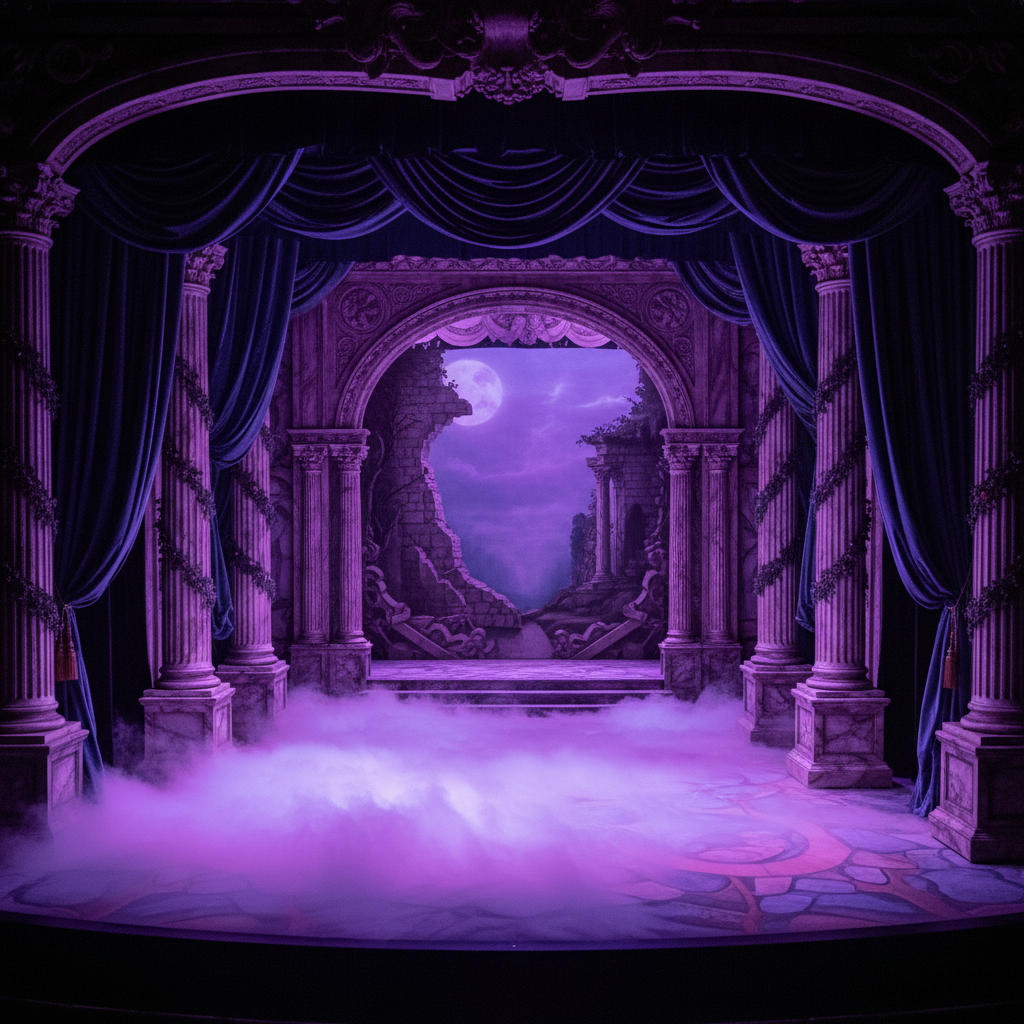 Fully dressed opera stage with fog rolling across the floor and violet gel lighting on painted columns