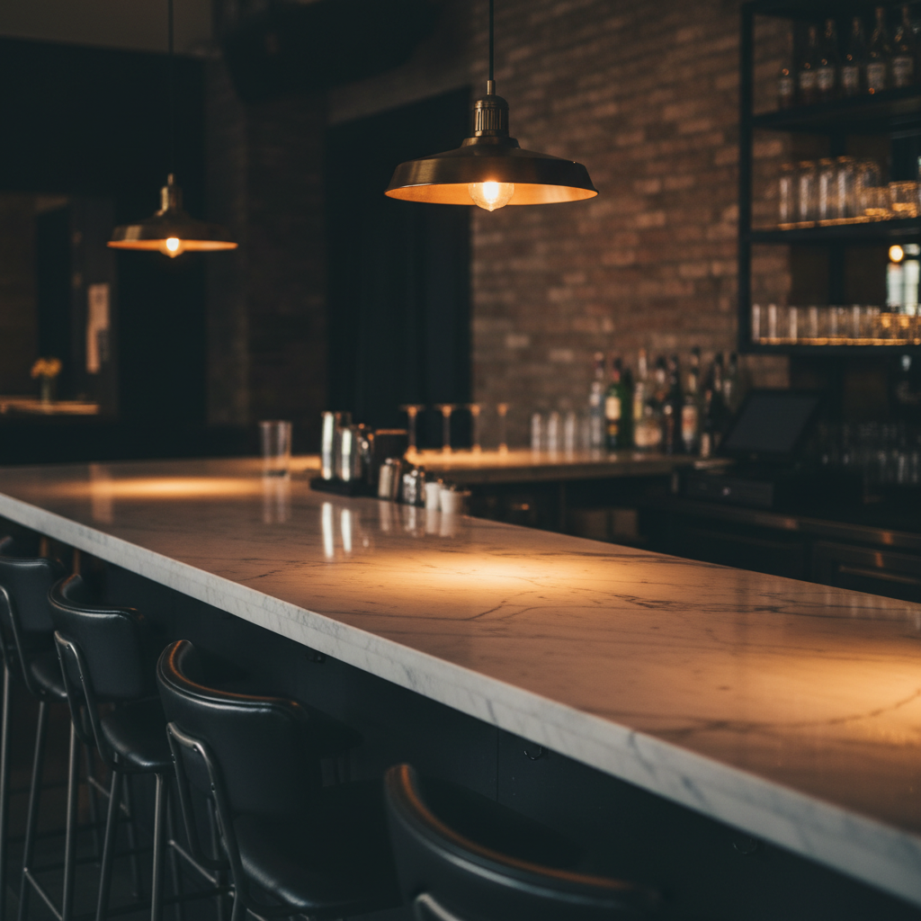 Single Lumina pendant casting warm light over a restaurant counter with marble surface and dark bar stools