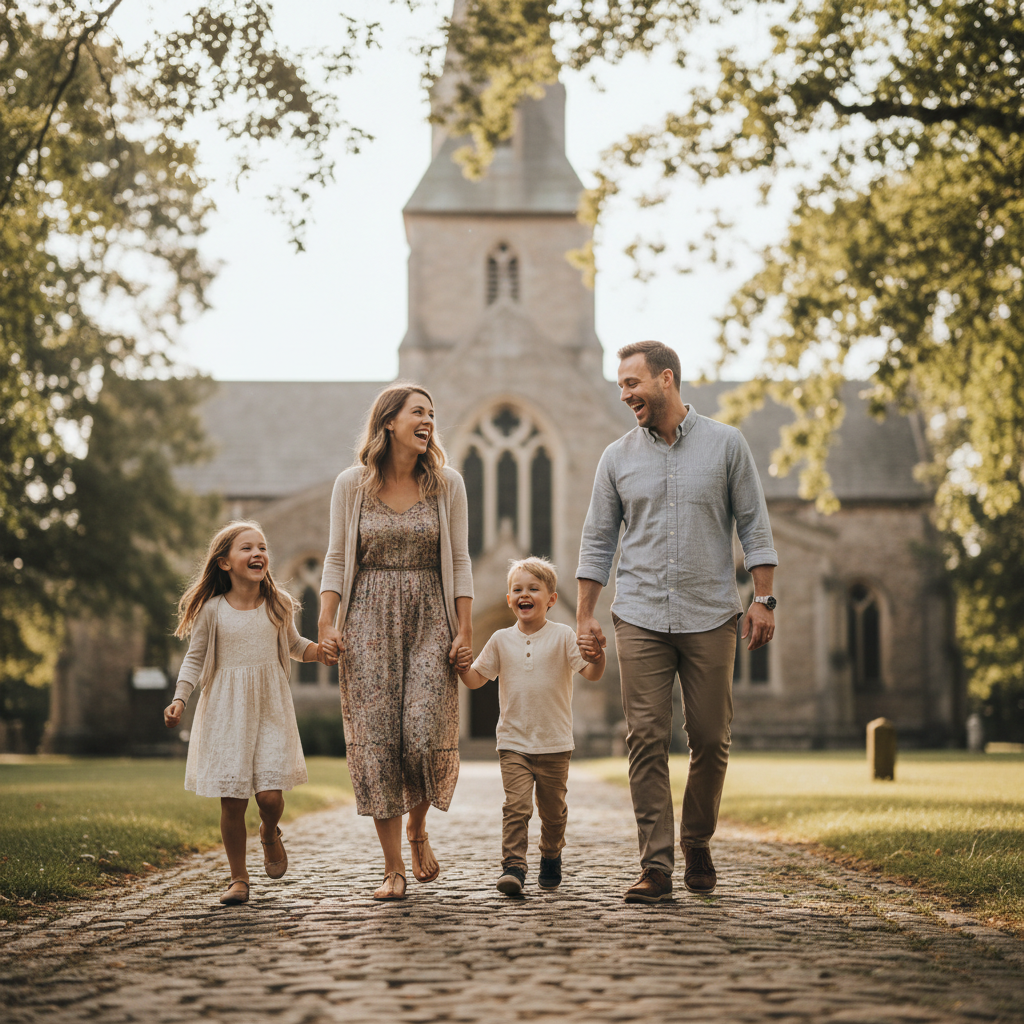 A young family — parents and two children — walking together toward a Sunday service, laughing