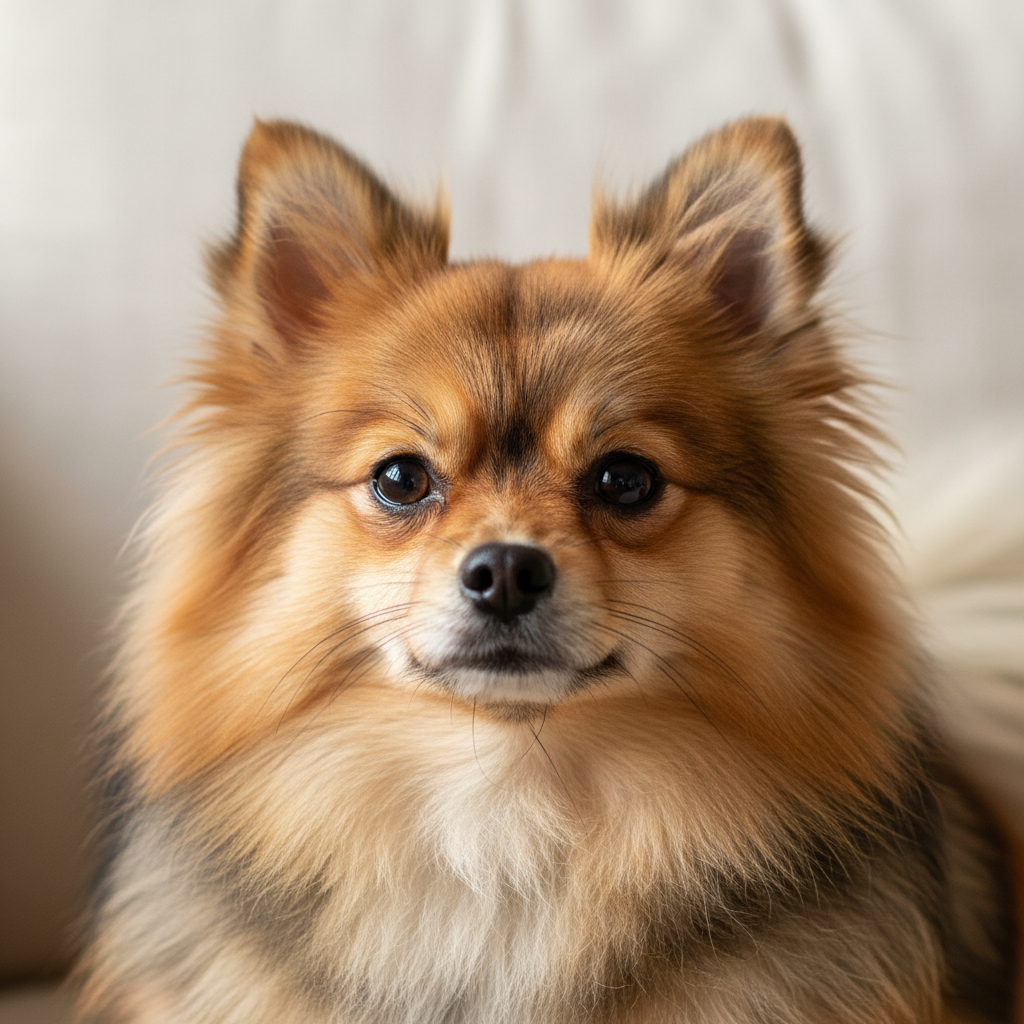 Marigold, sable and cream Pomeranian female, alert expression, cream linen background