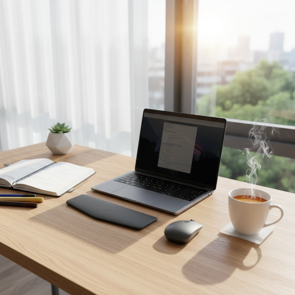 Organized home office setup with monitor, notebook and coffee, airy bright space, focused productivity environment
