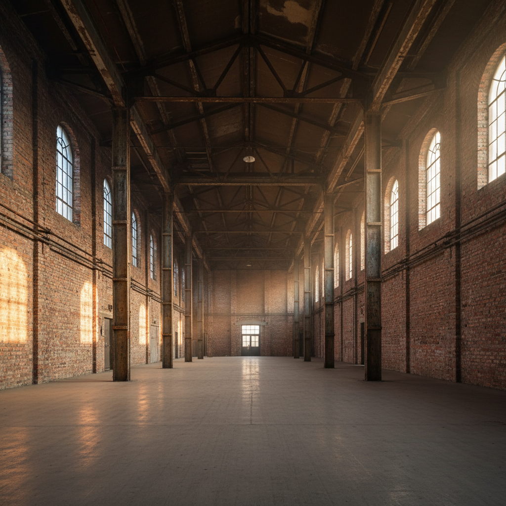 Empty industrial warehouse with exposed brick walls, steel beams, and concrete floors bathed in early morning light before event setup