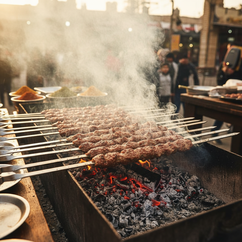 Charcoal kebabs smoking over an Adana-style mangal grill