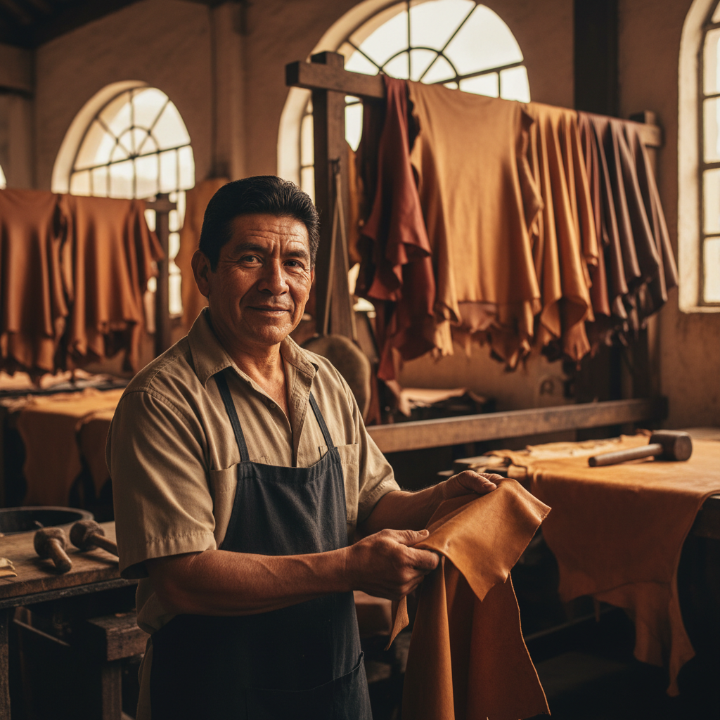 Portrait of a Mexican craftsman in a tannery with leather hides visible behind him