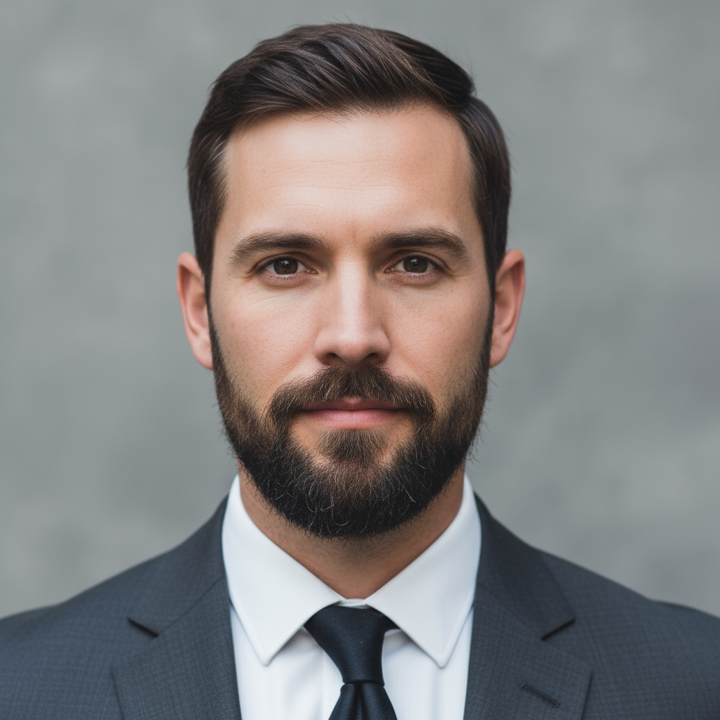 Professional male executive in dark suit against neutral grey background