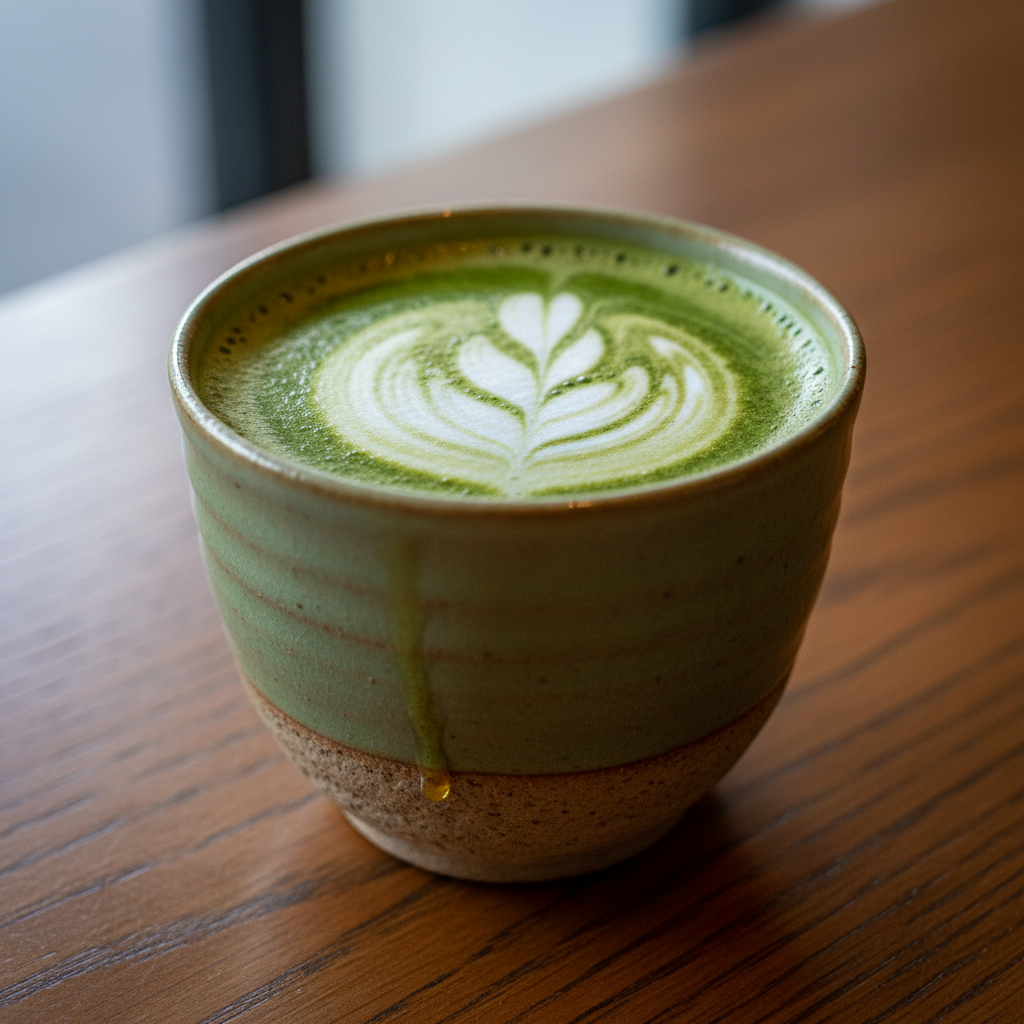Vibrant green matcha latte with latte art in ceramic cup, light background, zen aesthetic