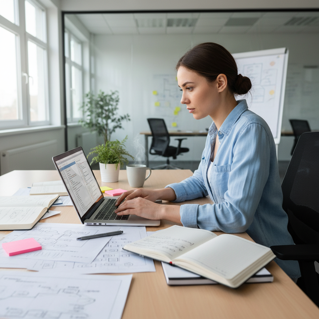 IT professional reviewing infrastructure documentation at a desk with enterprise equipment, organized workspace, professional lighting