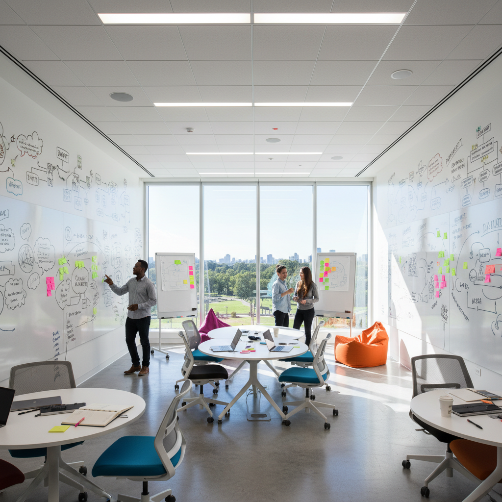 Laboratorio de innovación con pizarras llenas de ideas, post-its y diagramas de flujo creativos