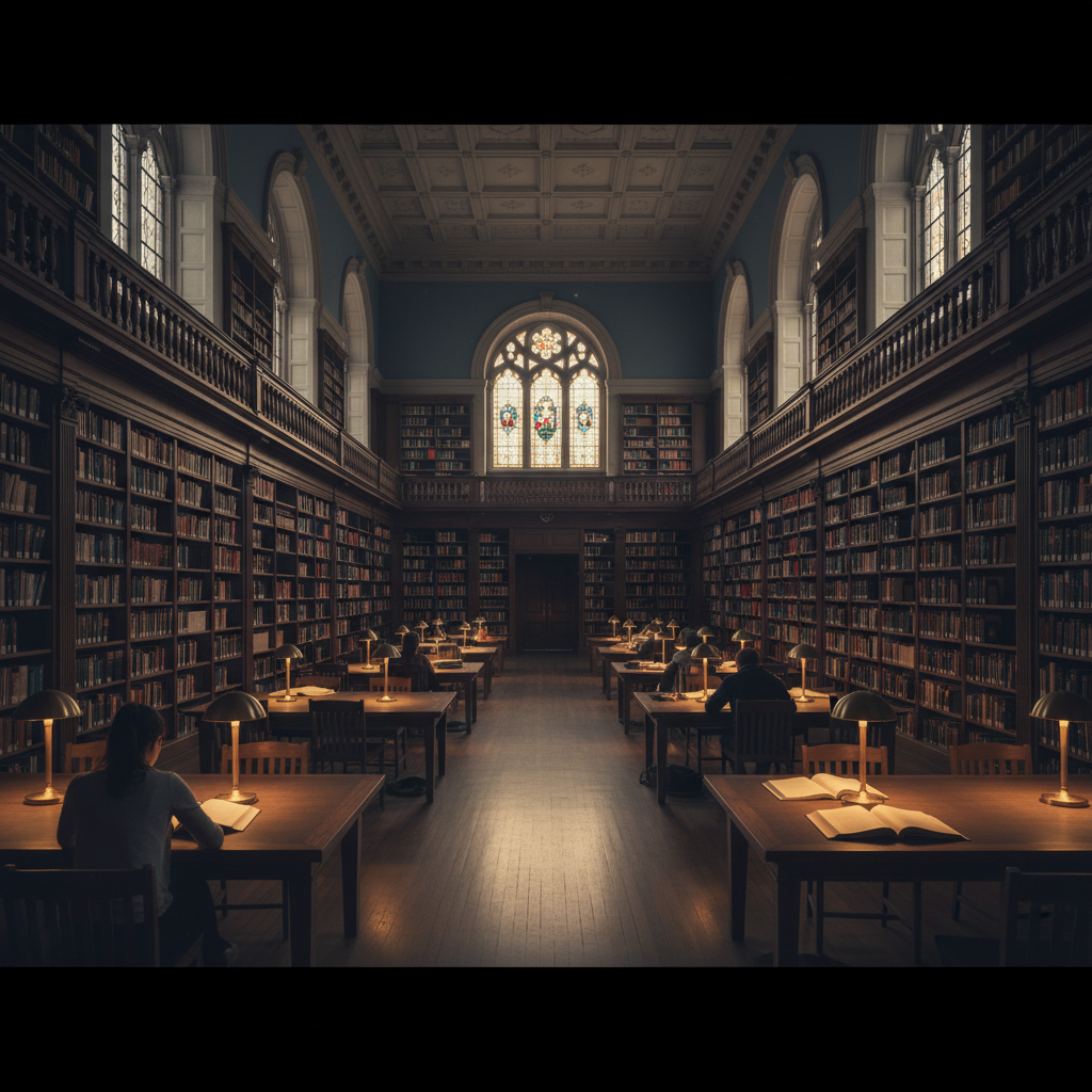 Stack of books on dark wooden shelf, dim atmospheric library lighting, deep shadows