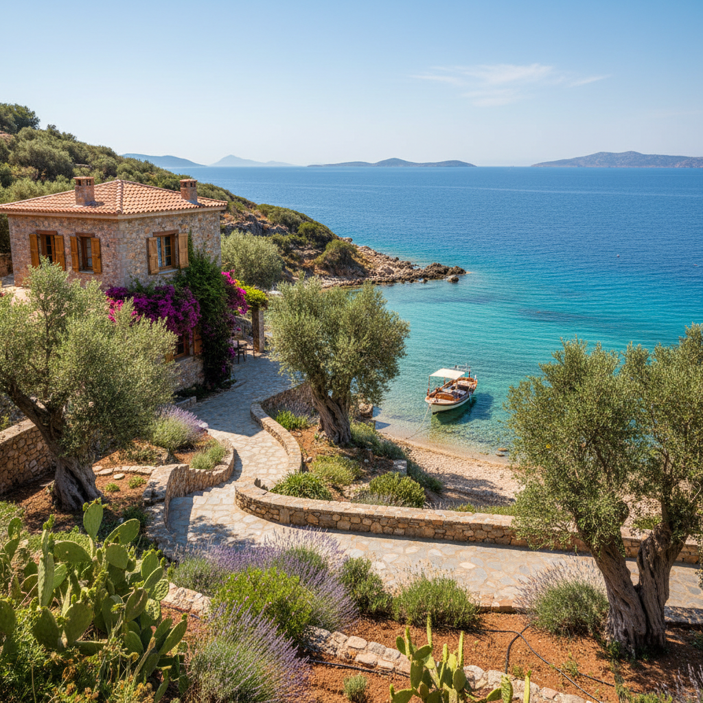 Elevated hillside villa concept with panoramic Aegean sea views, modern architecture, large glazing and private terrace, Fethiye region