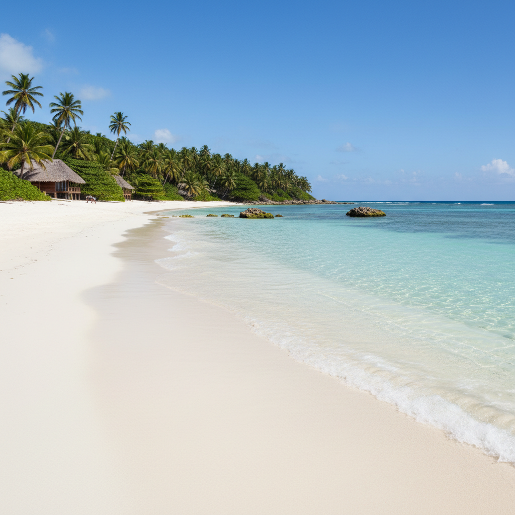Mirissa Beach Sri Lanka, turquoise water, coconut palms leaning over white sand, bright tropical day