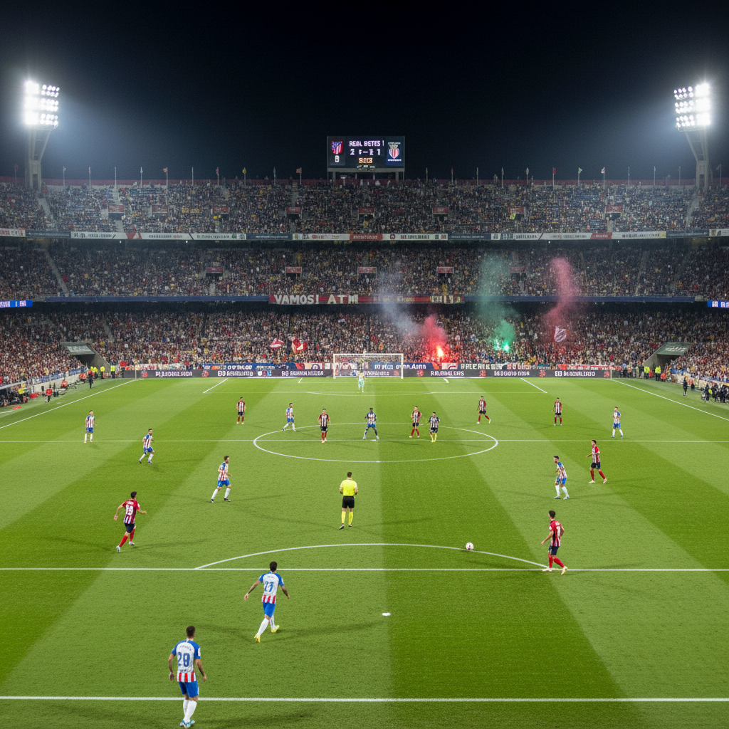 Football match between Real Madrid and Manchester City under floodlights