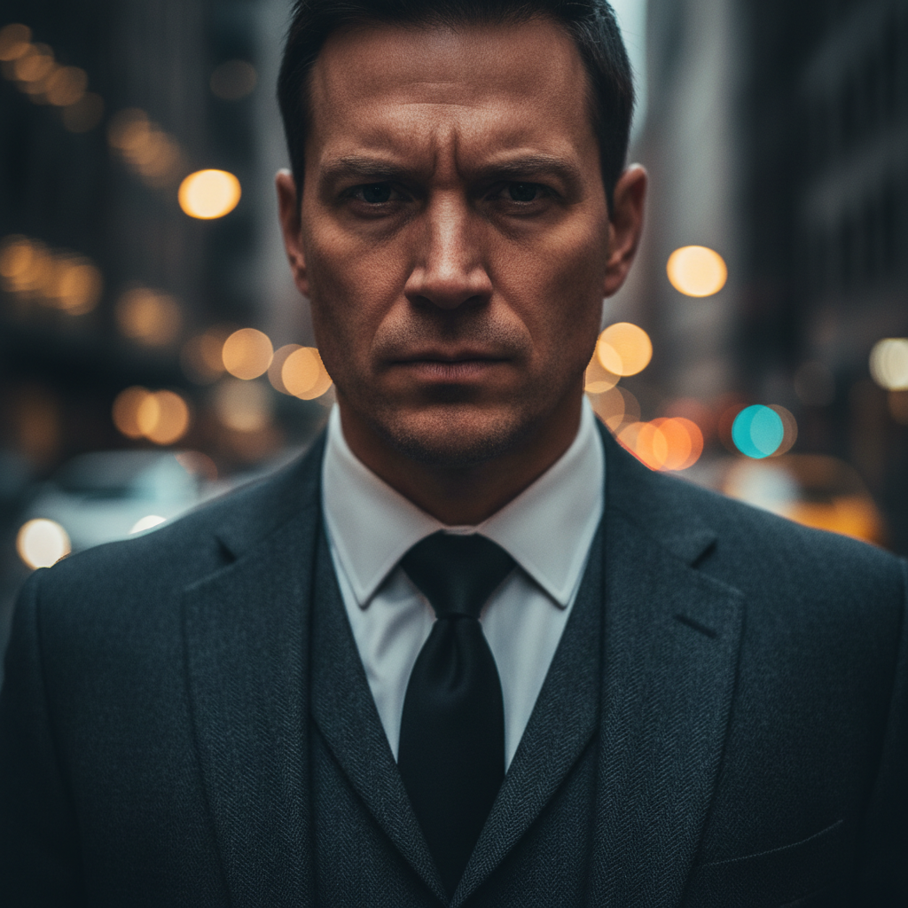 Professional bodyguard in dark suit, serious expression, blurred urban background, dim moody lighting, authoritative presence
