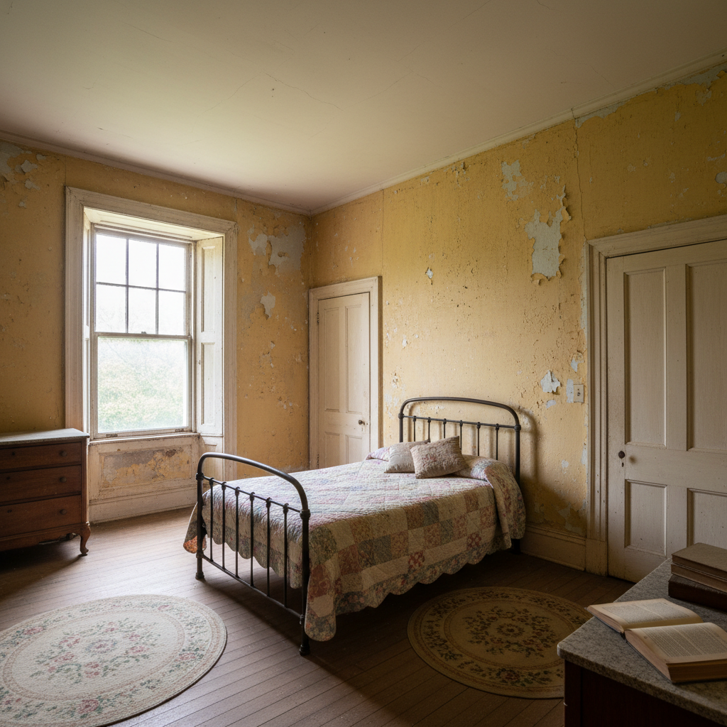 Bedroom before makeover. Tired walls with cracks, old paint and dated dΓ©cor