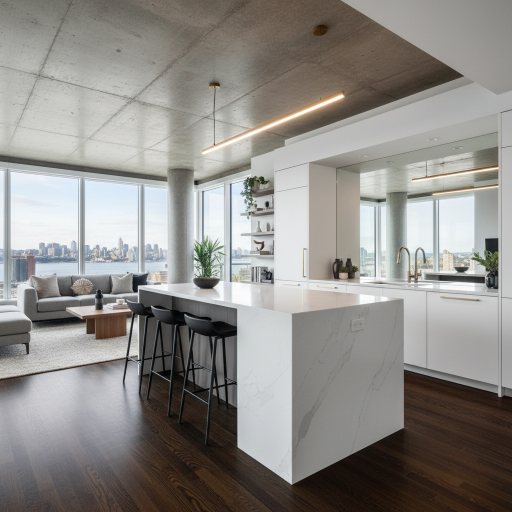 Fully renovated Williamsburg unit with waterfall island and floor-to-ceiling windows