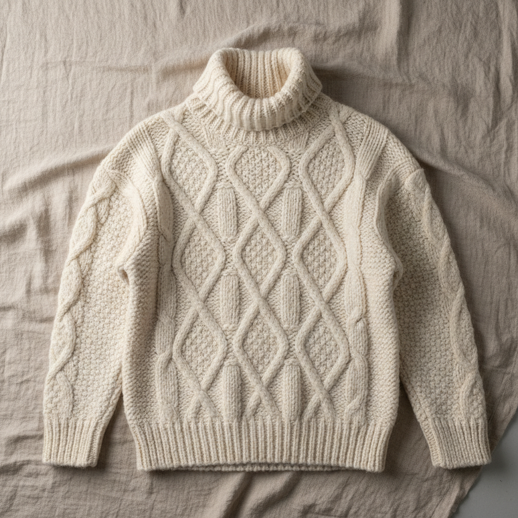 Cream cashmere turtleneck sweater neatly folded showing soft texture