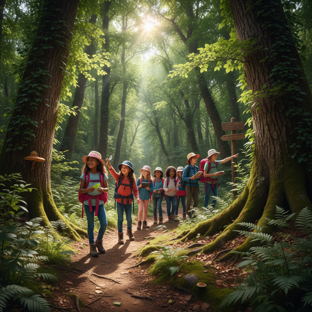 Family outdoor adventure experience in nature, parents and children exploring forest trail together
