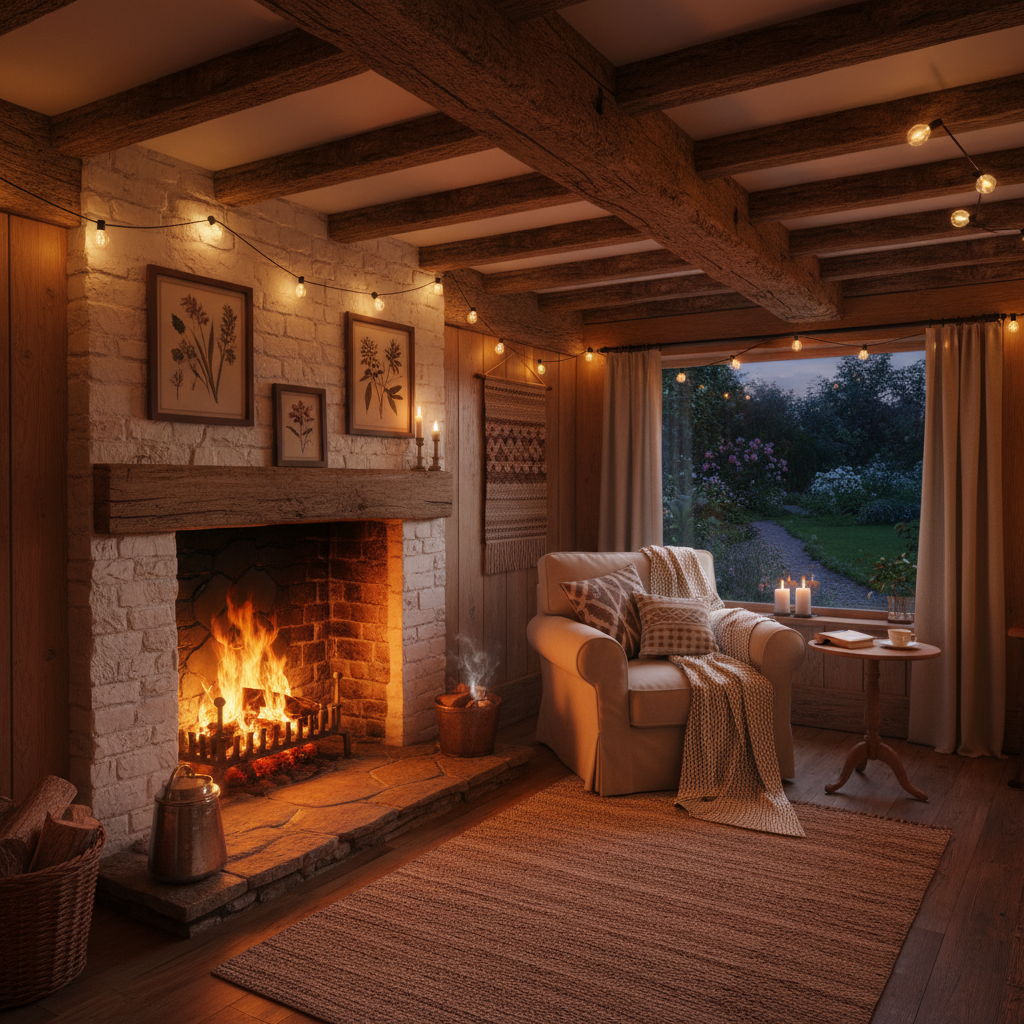 Cozy wooden cottage room with jungle view and warm lighting at Coorg estate
