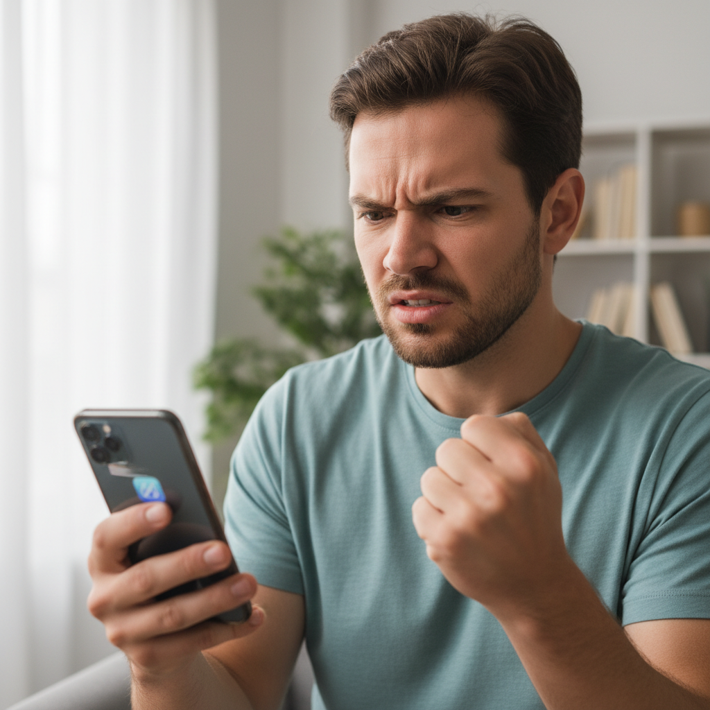 Person frustrated with mobile phone unable to complete digital payment