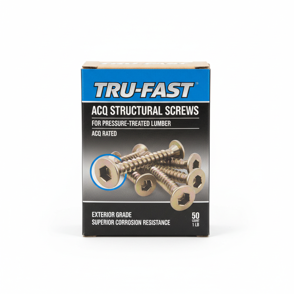Box of ACQ-rated structural screws for pressure-treated lumber