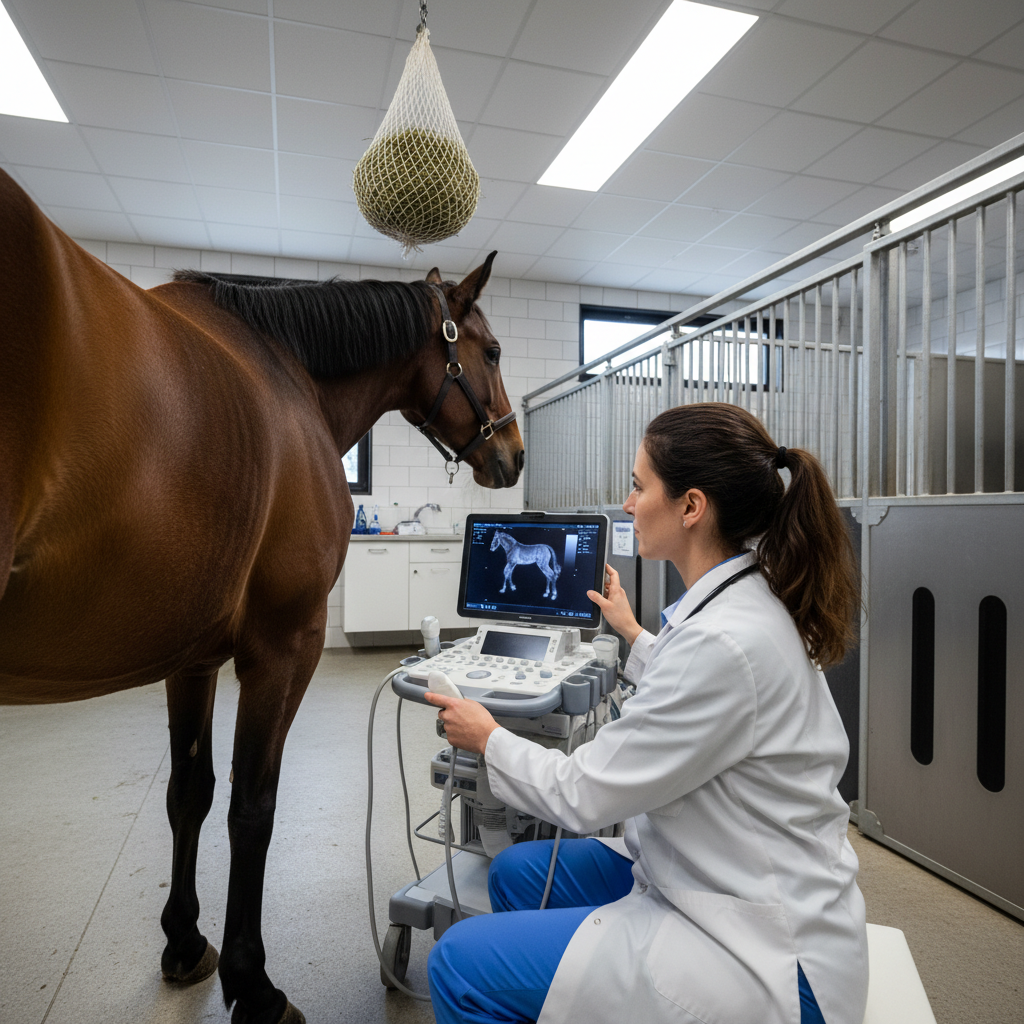 Veterinarian performing reproductive examination on a mare in a clean barn stall, professional agricultural veterinary setting
