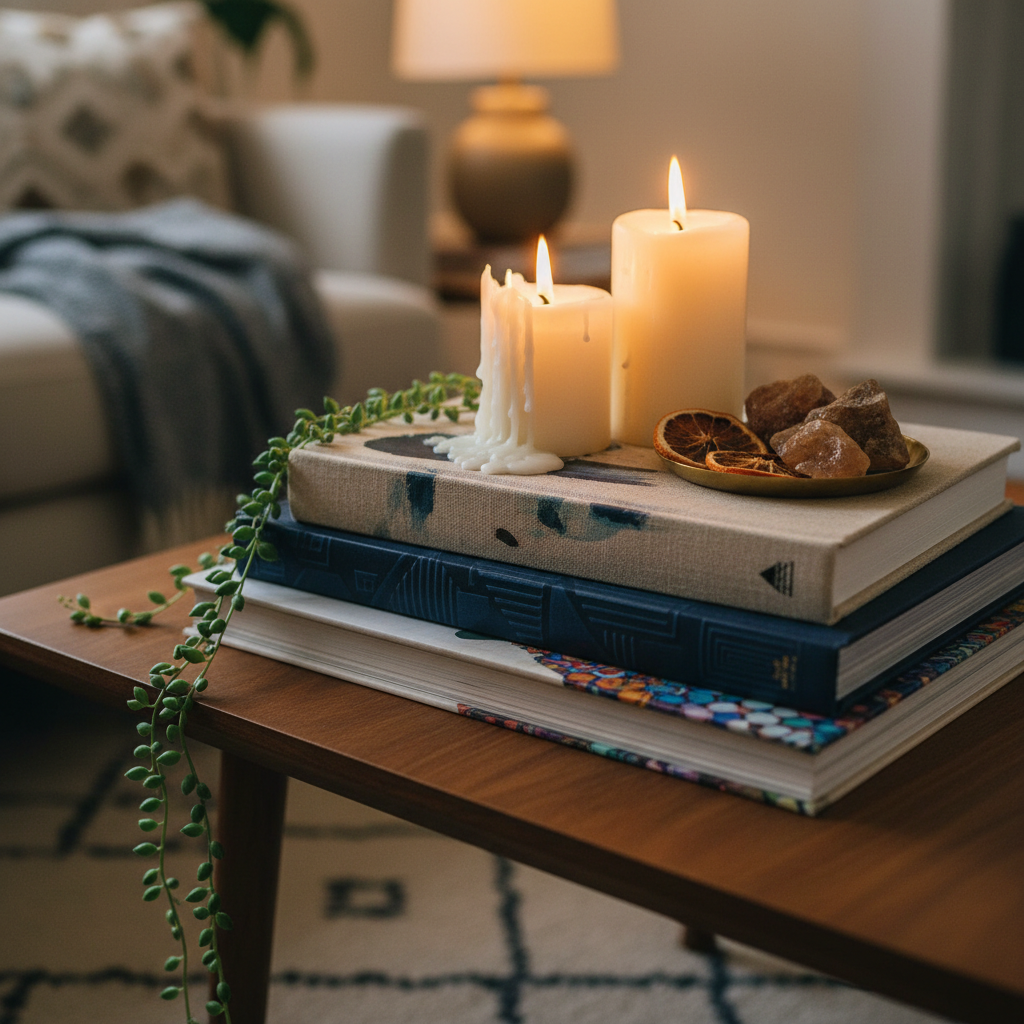 Close-up of styled coffee table vignette with art books and candles