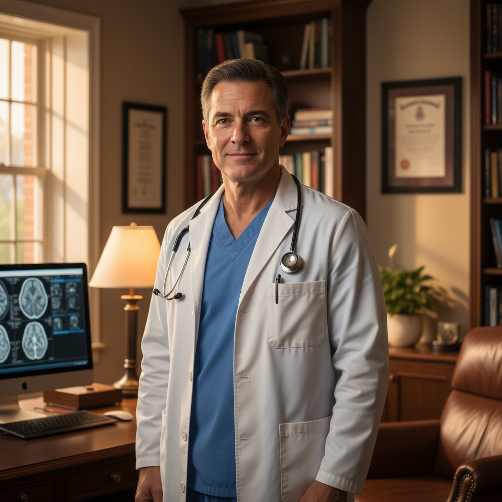 Male neurosurgeon in consultation room, professional attire, warm lighting