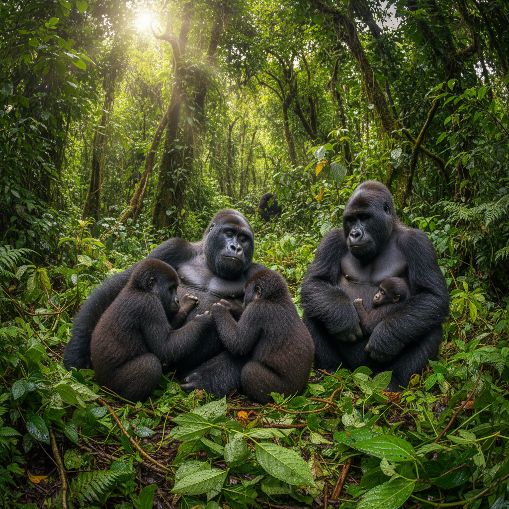 Mountain gorilla family in Bwindi Impenetrable Forest Uganda green canopy