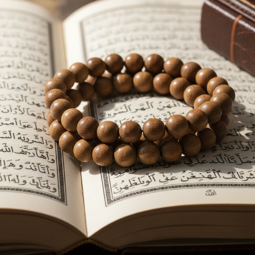 Quran placed on wooden surface with prayer beads, warm ambient lighting