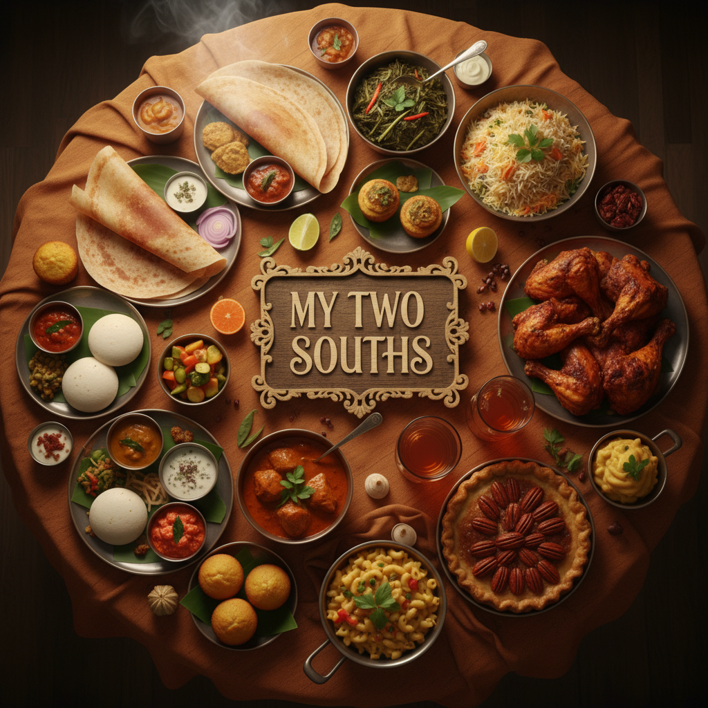 Warm amber cover with South Indian and Southern American food spread, My Two Souths