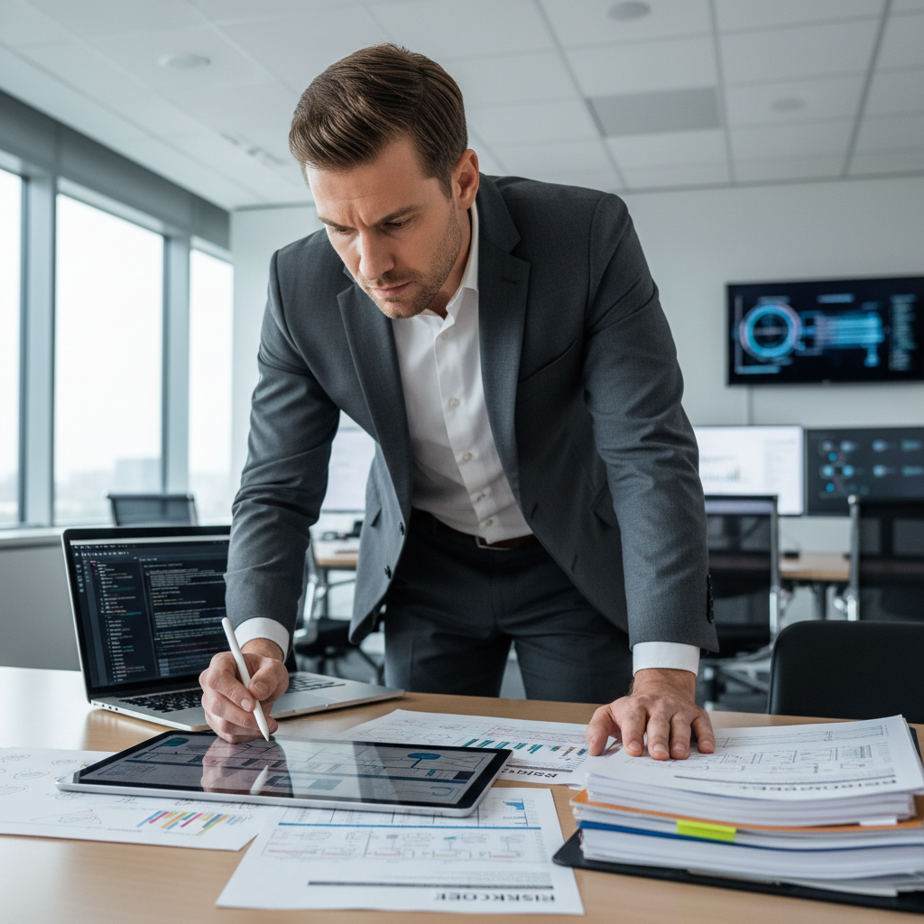 Security professional conducting information security risk assessment with risk register and control mapping documentation