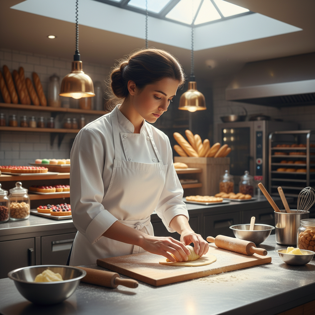 Isabelle Fontaine pastry chef in white uniform, elegant professional portrait in kitchen setting