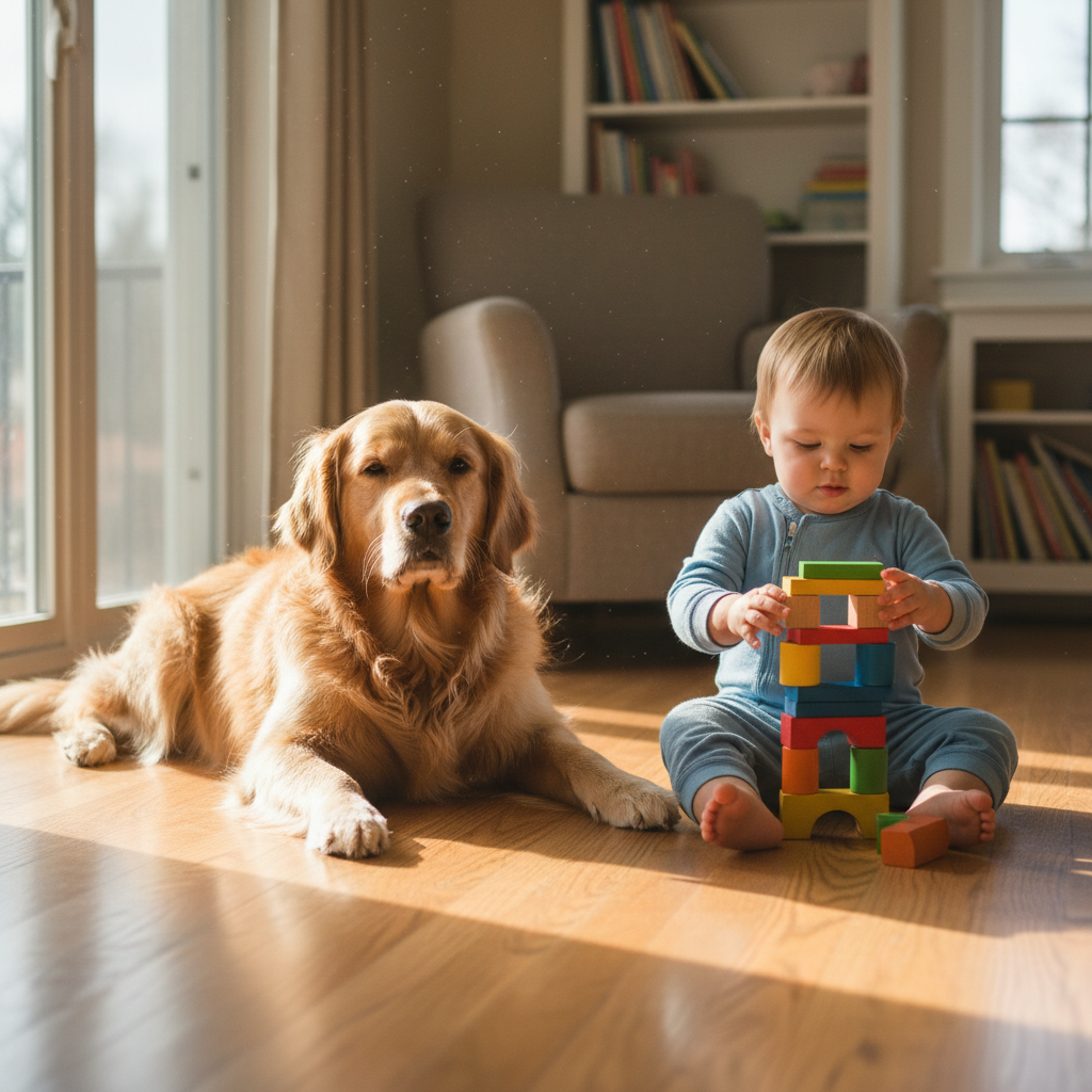 Golden retriever resting on hardwood floor beside a toddler stacking blocks, warm morning light, wearing a Hush collar