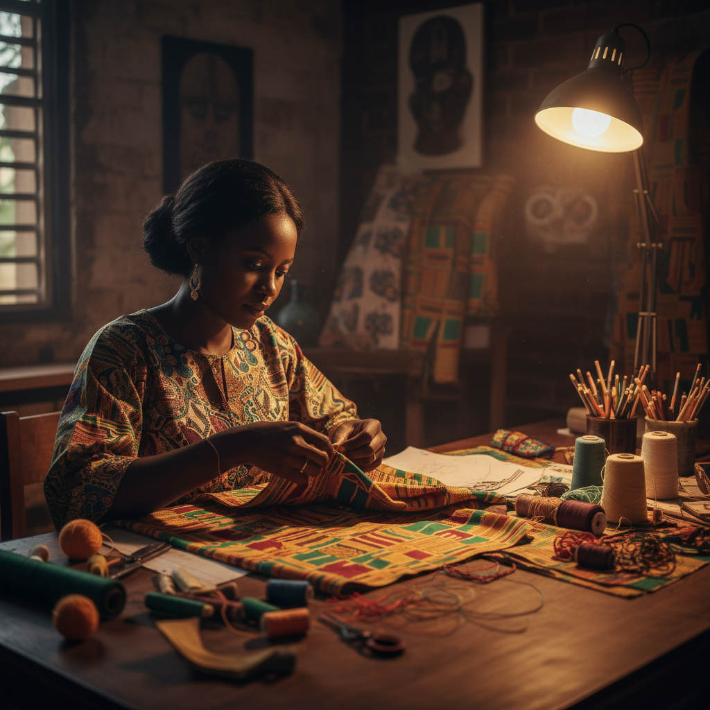 OMAOJ founder in their Lagos atelier surrounded by bolts of Aso-oke fabric, warm workshop lighting, dim atmospheric environment