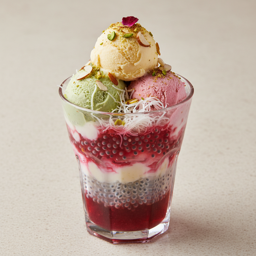Rose Falooda — Classic rose falooda with basil seeds, Indian café food photography with warm colours and appetising presentation