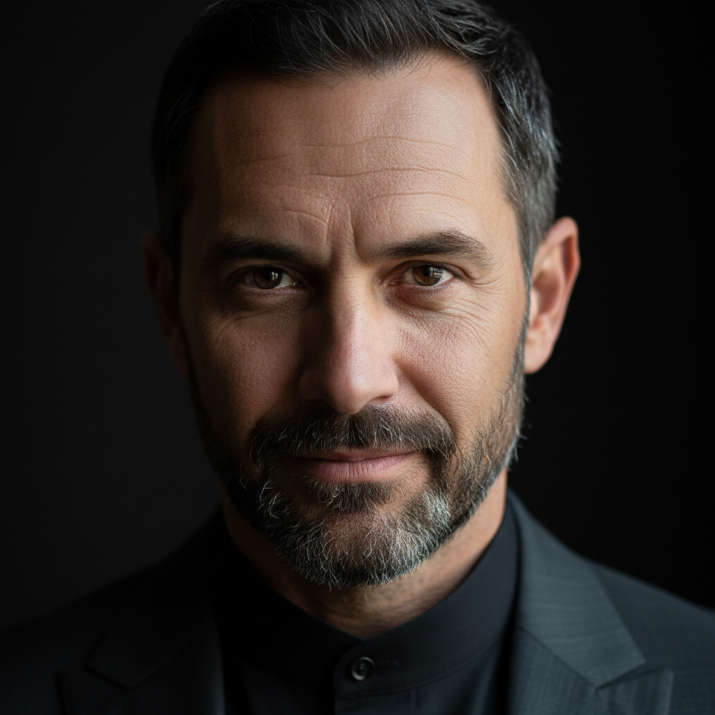 Actor headshot — man with strong presence, dark background