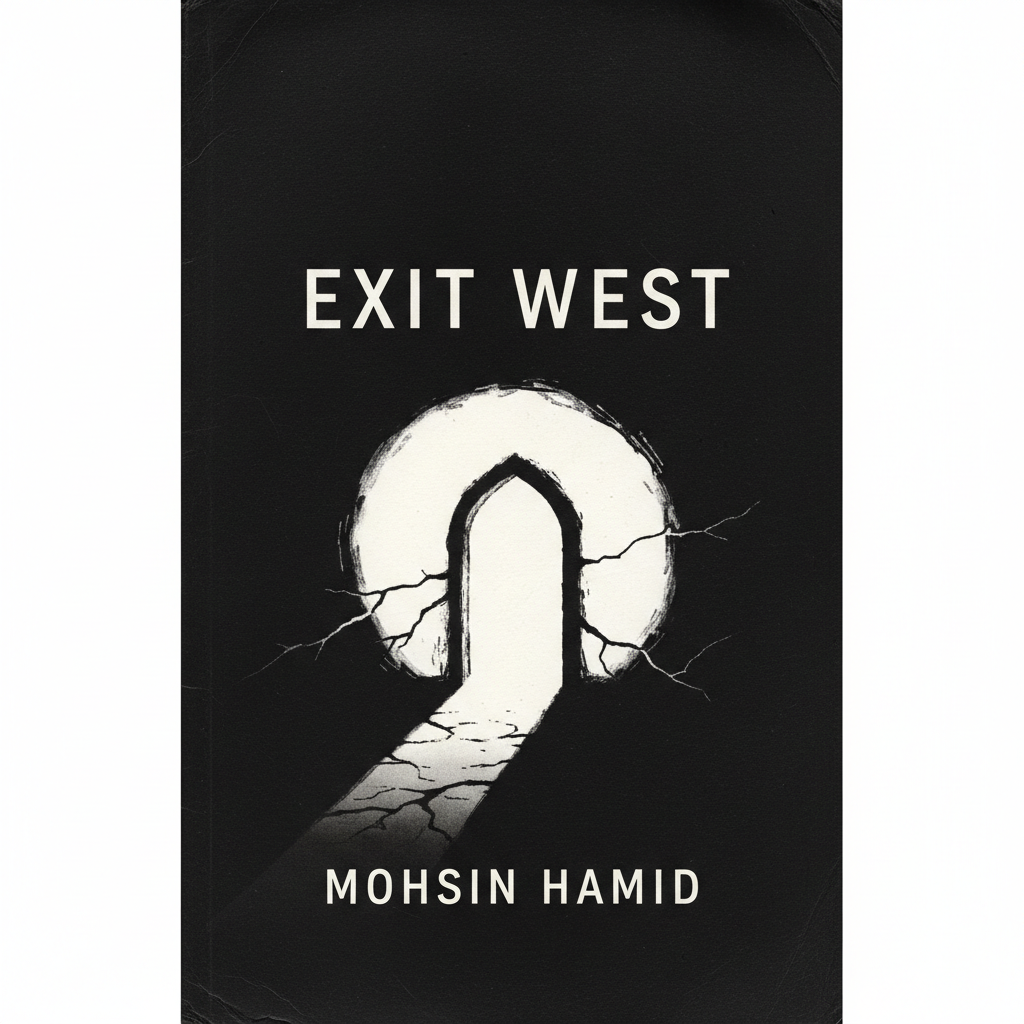 Stark black cover with a doorway of light, Exit West novel