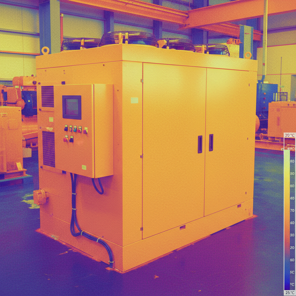 Industrial compressor thermal imaging showing uniform heat distribution across the unit housing with no hot spots
