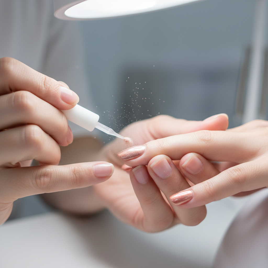 Nail technician applying acrylic powder to sculpt long elegant nail extensions