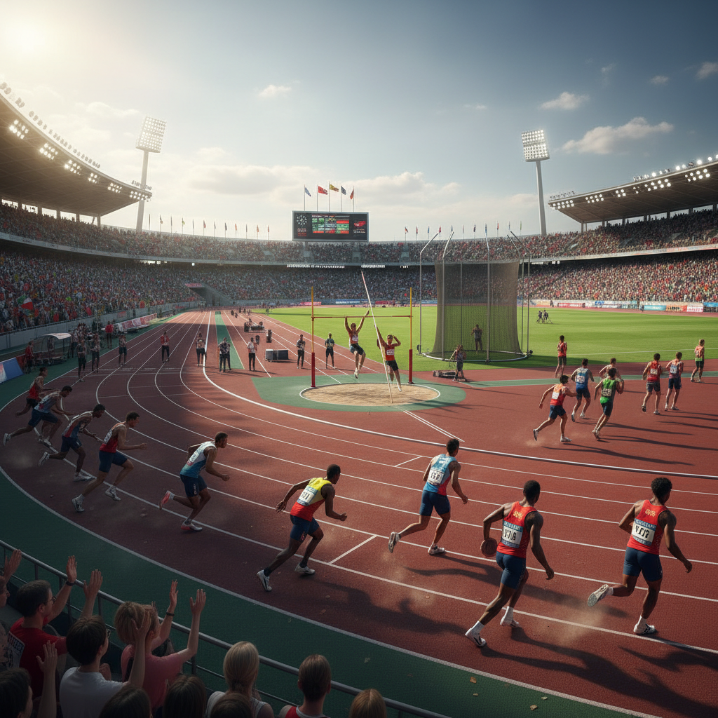 High school athletes competing in a track and field event at school stadium